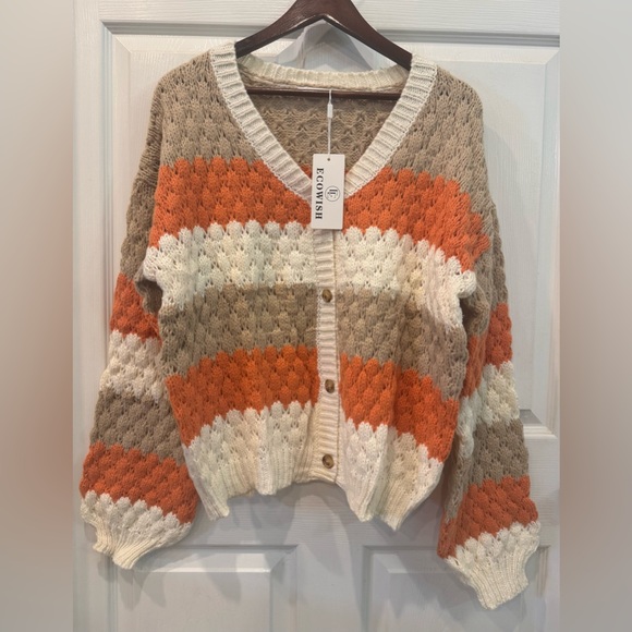 Ecowish Sweaters - Ecowish Chunky Knit Cardigan Tan, Orange, Cream Stretchy Women’s Size XL